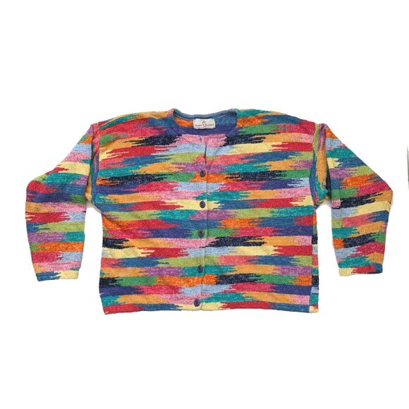 Janes Closet Medium Cardigan Sweater Top Geometric Rainbow Boho Wearable Art - Picture 3 of 3